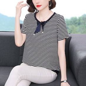 ROYALBELLE 여성 스트라이프 티셔츠 리본 포인트 디자인 중년 루즈핏 캐주얼 반팔 티셔츠 E0022406