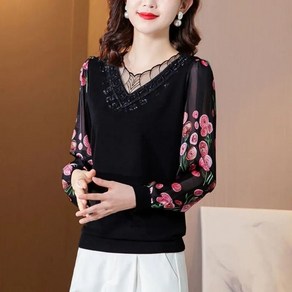 ROYALBELLE 여성 브이넥 디자인 긴팔 티셔츠 프린팅 레이스 패치 캐주얼 심플 티셔츠 V021415
