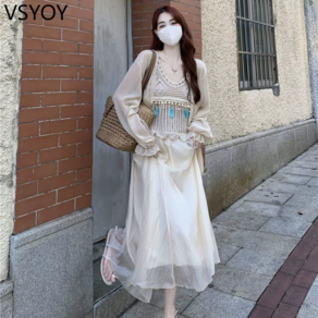 vsyoy Tassel Camisole 여성용 여름 선스크린 셔츠 세트 2023 새로운 긴 소매 스커트 3 피스 세트