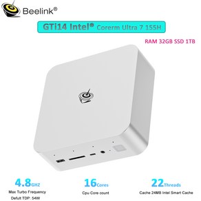 Beelink GTI14 미니 PC Intel Coe Ulta7 155H 32GB DDR5 1TB SSD 트리플 디스플레이 WiFi7 Bluetooth 5.4 게임용 데스크탑, Silve