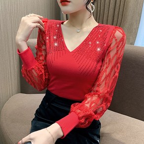 라인댄스복 라틴댄스복 스포츠댄스 브이넥 레이스 패치 핫피스 소매 긴팔 티셔츠 F8015 Women's T-shit