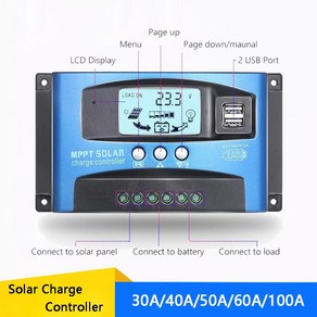 태양열발전기 MPPT 태양광 충전 컨트롤러 PWM 12V24VDC 듀얼 USB LCD 디스플레이 패널 배터리 레귤레이터 부하 포함 100A 60A 50A 40A 30A, 12V24V Auto, 30A+12V24V Auto