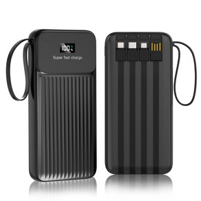 THOUSTA 일체형 보조배터리 10000mAh 22.5W PD QC3.0 초고속충전 4개 케이블 내장됨, 블랙