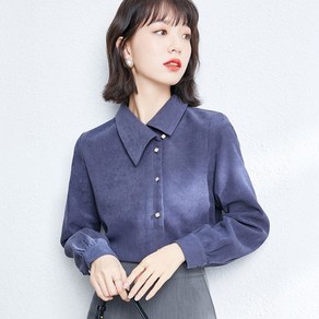 AIRASI 여성 긴팔 셔츠 가을 겨울 빅 칼라 솔리드 컬러 기본 디자인