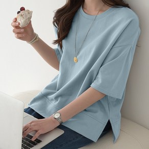 데일리앤 르테인 여성 라운드넥 오버핏 루즈핏 반팔 무지 트임 레이어드 맨투맨 티셔츠