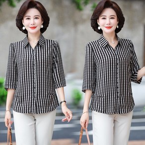 COSYEVNO 패션 엄마옷 반팔 격자 셔츠 중장년 여름 품있는 상의 티셔츠