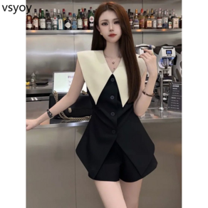 vsyoy 여름 우아한 옷깃 반바지 2 피스 세련된