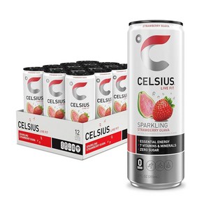 셀시어스 CELSIUS 스파클링 워터멜론 레모네이드 기능성 에센셜 에너지 드링크 355ml(12온스) (12팩) 277313, 스파클링 스트로베리 구아바, 12개