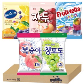 [블루존] 과일맛 사탕5종 (롯데 복숭아캔디153g+청포도153g+해태 자두130g+썬키스트125g+후르트텔라100g), 1개