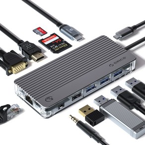 오리코 알루미늄 오디오 USB VGA 4K HDMI PD100W 투명 멀티허브, 11in1, 1개