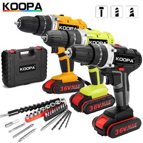 KOOPA TOOL 36V 2단 조절식 다기능 전동 임팩트 드릴 무선 전동 드릴 고출력 리튬 배터리 충전식 무선 드라이버, 노란색, 배터리 1개, 1개