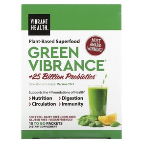 Vibrant Health 프라이언트헬스 Green Vibrance +250억 프로바이오틱 버전 19.0 15팩 168.9g(5.96oz)