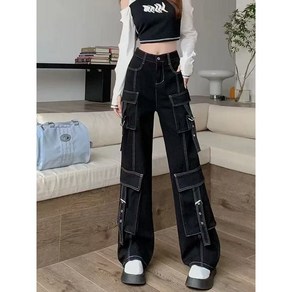 ukotee 배꼽 힙합 여성 카고 청바지 빅사이즈 편안스타일 헐렁한 레트로 세미 캐주얼 양면 팬츠