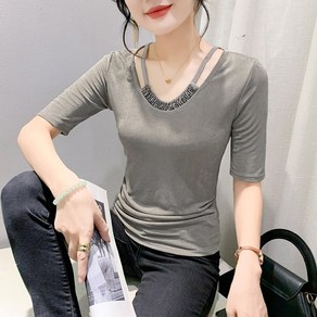 댄스복 상의여성용 비딩 여름옷 펀칭 반팔 티셔츠 Women's T-shirt 뉴타임즈 S160A120