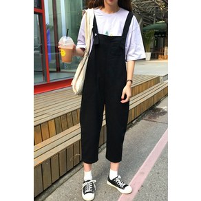 해피유통 여성용 편안한 봄 가을 복고풍 디자인 넉넉한 핏 심플한 면 소재 9부 멜빵바지 BJJ