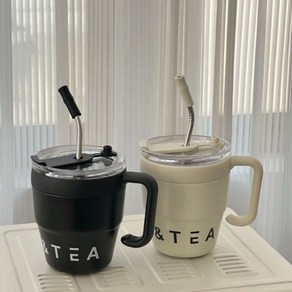 coffee&TEA 스테인리스 손잡이 텀블러 빨대컵 뚜껑 머그컵 사무실컵, 화이트, 1개