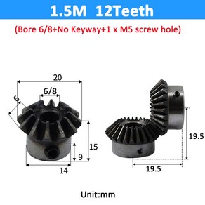 베벨 기어 1.5M 12 16 18 20/25 톱니 보어 10 14 90 도 메쉬 앵글 스틸 나사 M5 키웨이 없음 1, 1개