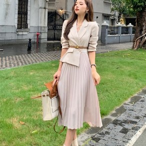 [웨일쓰] 여성 봄 하객룩 플리츠 원피스 브이넥 정장 오피스룩 허리벨트 플레어 원피스 A-13 일반버전