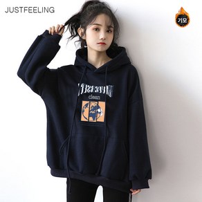 JUSTFEELING 후드 기모 맨투맨 프린트 긴팔티셔츠 캐주얼 루즈핏 여성의류 데일리룩 따뜻한 상의