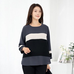 [모슬린] 엄마옷 라운드 배색 긴팔 블라우스 BL408082 중년여성의류/50대/60대/마담/빅사이즈/할머니옷/40대/여성옷/