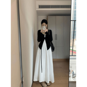 ANYOU 여성 원피스 롱 나시 원피스 허리 조임 슬림핏 긴팔 카디건 투피스