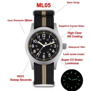 Militado ML05 빈티지 쿼츠 시계 AR 사파이어 크리스탈 야광 VH31 무브먼트 시계 38mm 스테인리스 스틸 남성용 손목시계