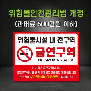 금연구역 과태료 500만원 위험물시설내전구역 위험물안전관리법 표지판 절대금연 흡연금지, 1개, 금연구역 - 양면테이프부착 (400X300mm)