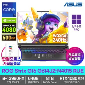 ASUS 게이밍 노트북 ROG Stix G16 G614JZ-N4015 RUE RTX4080 13세대 i9-13980HX 240Hz 삼성64GB NVMe8TB, WIN11 Po, 64GB, 8TB, 코어i9, 그레이