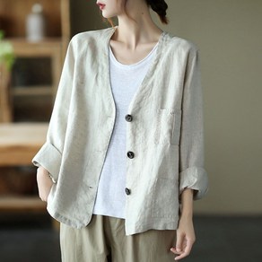 COBOTOR 여성 면마 자켓 얇은 심플 베이직 봄 여름 가을 여자 긴팔 재킷 상의 women linen jacket XK0450