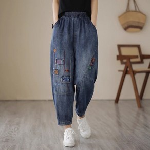 청바지 여성 40대 50대 봄가을용 중년 배기 데님 팬츠 패턴 자수 빅사이즈 하이웨스트 와이드 밴딩 청팬츠 조거 벌룬팬츠