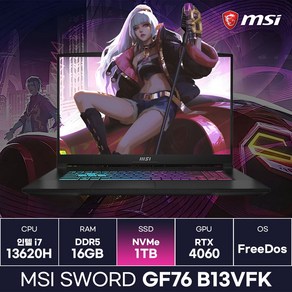 MSI Swod GF76 B13VFK i7 13세대 RTX4060 게이밍 노트북 (1TB) / ICDI, Fee DOS, 16GB, 1TB, 코어i7