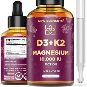 New Elements 액체 비타민 D3 K2 10000마그네슘 글리신산이 포함된 IU  성인용 VIT 드롭 Mk7 100mg 남성 및 여성용 + 보충제 글루텐 프리 비-GMO, New Elements 액체 비타민 D3 K2 1000, 1개