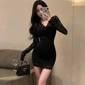 besteffie 펀칭원피스 여성 브이넥 레이스 카라 미니 섹시 원피스 클럽룩 파티룩 하객룩 E58