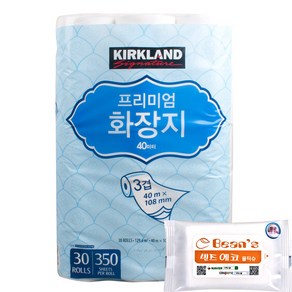 커클랜드 프리미엄 화장지 3겹 롤화장지 30롤 x1팩 + 빈즈물티슈10매