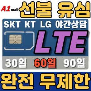 에이원몰 SKT 무제한 선불유심 칩 선불폰 유심카드, 가성비 LTE 무제한, 60일, 1개, 3Mbps 무제한