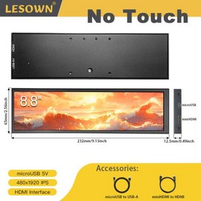 LESOWN 롱 스트립 LCD 스크린 1920x480 HDMI IPS 디스플레이 88 인치 보조 모니터 PC 컴퓨터 온도 모니터링 CPU GPU Aida64, 없음, 2) black monito