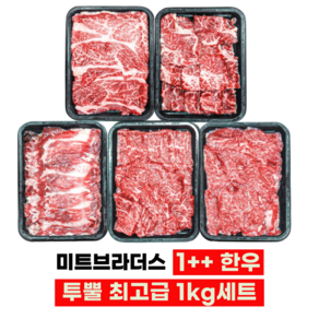 투뿔 1++ 프리미엄 암소한우 1kg 구이용 세트(꽃등심/채끝/차돌박이/보섭살/설깃살), 1세트