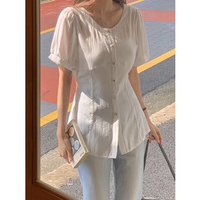 [리리앤코] 렌히쥬 텐셀 퍼프 소매 은장 콩단추 블라우스