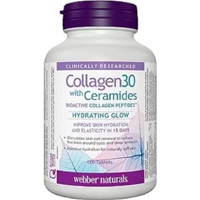 (캐나다 직송) 웨버 내추럴스 Collagen30 with Ceamides 생체 활성 콜라겐 펩타이드 120정 수분 광채 피부 공급 탄력 및 매끄러움 개선에 도움, 1개