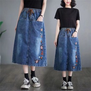 besteffie 중년 여성용 앞포켓 데님 스커트 A라인 자수 디자인 긴기장 허리 밴딩 봄 가을 청치마 엄마패션코디 K98