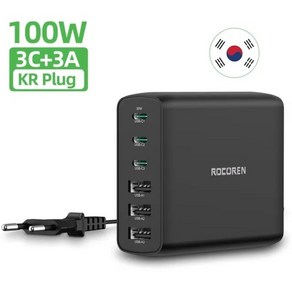 Rocoen 데스크탑 고속 충전기 USB C 타입 충전기 100W GaN 6 in 1 (KR플러그), 2.KR Plug, 1개