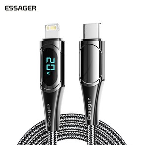 ESSAGER 디지털 디스플레이 PD20W C타입 to 라이트닝 고속 충전 케이블 아이폰 핸드폰, 1m (A-044), Black, 1개