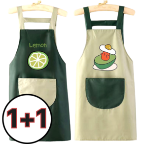 [1+1] 하나코코 주방 앞치마 여자 방수 앞치마 귀여운 앞치마 캐릭터 앞치마 업소용 다용도 성인 미술 공방 학생 어린이집 교사용 앞치마, 그린 레몬+그린 아보카도, 1세트