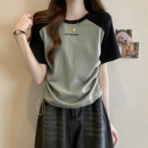 POMTOR 여성용 순면 드로스트링 반팔 티셔츠