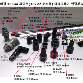 다크그레이16mm 미니 파이프 (16/22호스용) 연결부속 엘보 연결 소켓 앤드 캡 티 호스어댑터 엘보우 커플러 레듀샤 직선형 벌크헤드 앨보형 파이프 블랙 다크그레이 투명 호스, 1개