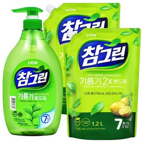 참그린 녹차 기름기 뽀드득 주방세제 용기 1kg 1개+리필 1.2L 2개, 1개