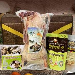 덕담골 토종청둥 유황오리 황제백숙세트1.4kg 1마리(약재60g 포함) 황칠액기스 500ml 누룽지200g 황제해신탕으로 만들어보세요, 1개, 1.5kg