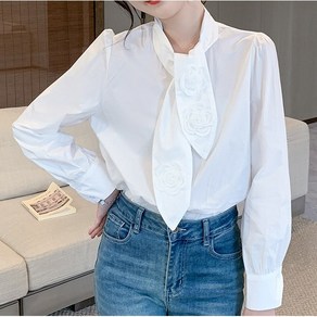 춘게엘 (S~2XL) 여성 봄가을 코디 리본 자수 긴팔 면 캐주얼 화이트 셔츠 zy2009-8720