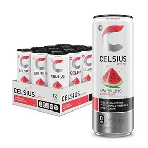 CELSIUS 스파클링 스트로베리 레모네이드 기능성 에센셜 에너지 드링크 350ml(12온스) (12팩), 스파클링 워터멜론, 355ml, 12개