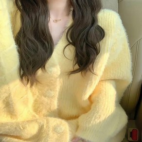 여성 가디건 앙고라 가디건 퍼 니트 빈티지 브이넥 털 겨울 모헤어